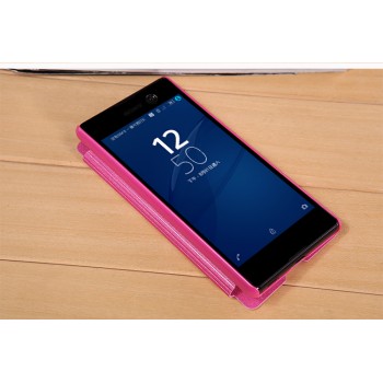 Чехол горизонтальная книжка на пластиковой нескользящей премиум основе с тканевым покрытием для Sony Xperia M5 Розовый