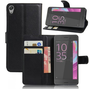Чехол портмоне подставка для Sony Xperia E5 с магнитной защелкой и отделениями для карт Черный
