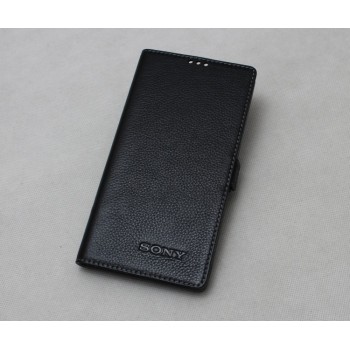 Кожаный чехол горизонтальная книжка (премиум нат. кожа) с крепежной застежкой для Sony Xperia E5  Черный