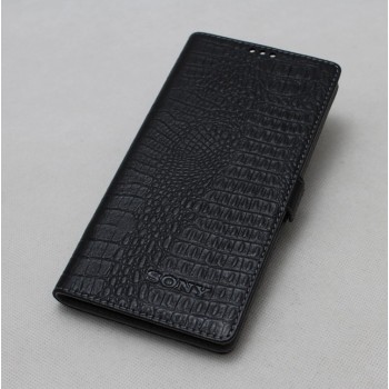 Кожаный чехол горизонтальная книжка (премиум нат. кожа крокодила) с крепежной застежкой для Sony Xperia E5 Черный