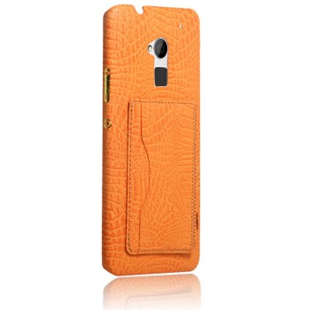 Чехол накладка текстурная отделка Кожа с отсеком для карт и функцией подставки для HTC One Max  Оранжевый