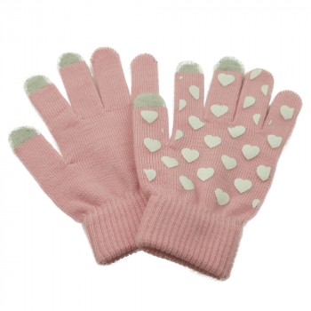 Сенсорные трехпальцевые перчатки шерсть/акрил дизайн Сердечки Розовый