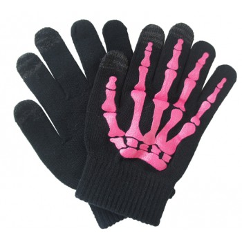 Сенсорные трехпальцевые перчатки шерсть/акрил дизайн Кости Розовый
