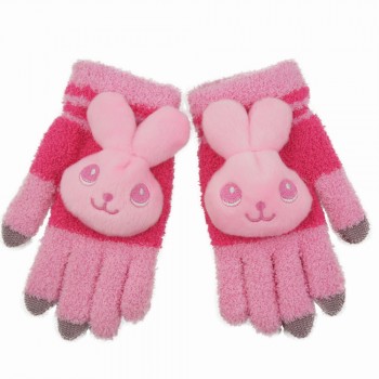 Сенсорные трехпальцевые перчатки шерсть/акрил дизайн Зайка  Розовый
