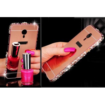 Двухкомпонентный чехол c металлическим бампером с ручной аппликацией стразами, поликарбонатной накладкой и зеркальным покрытием для Meizu MX6  Розовый