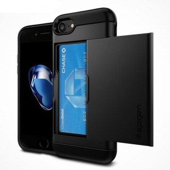 Противоударный двухкомпонентный силиконовый матовый непрозрачный чехол с поликарбонатными вставками экстрим защиты и отсеком для карт для Iphone 7  Черный