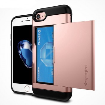 Противоударный двухкомпонентный силиконовый матовый непрозрачный чехол с поликарбонатными вставками экстрим защиты и отсеком для карт для Iphone 7  Розовый