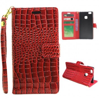 Чехол портмоне подставка текстура Крокодил на пластиковой основе на магнитной защелке для Huawei P9 Lite  Красный