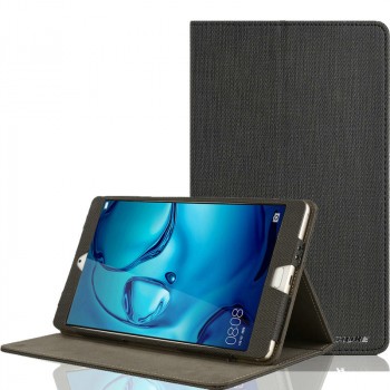 Чехол книжка подставка текстура Узоры с рамочной защитой экрана и тканевым покрытием для Huawei MediaPad M3 Черный
