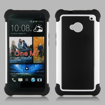 Противоударный двухкомпонентный силиконовый матовый непрозрачный чехол с поликарбонатными вставками экстрим защиты для HTC One (M7) Dual SIM Белый
