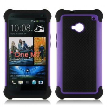 Противоударный двухкомпонентный силиконовый матовый непрозрачный чехол с поликарбонатными вставками экстрим защиты для HTC One (M7) Dual SIM Фиолетовый