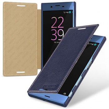 Кожаный чехол горизонтальная книжка (премиум нат. кожа) для Sony Xperia X Синий
