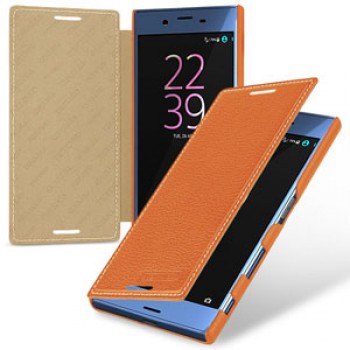 Кожаный чехол горизонтальная книжка (премиум нат. кожа) для Sony Xperia X Оранжевый