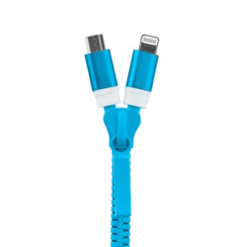 Кабель универсальный USB-Micro USB/Lightning 0.8м дизайн Zipper Голубой