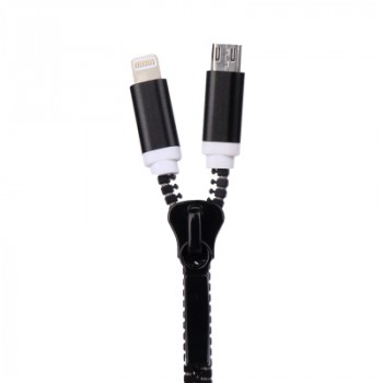 Кабель универсальный USB-Micro USB/Lightning 0.8м дизайн Zipper Черный