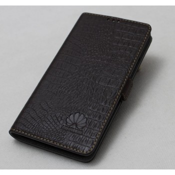 Кожаный чехол горизонтальная книжка подставка (премиум нат. кожа крокодила) с магнитной застежкой для Huawei Honor 6X  Коричневый