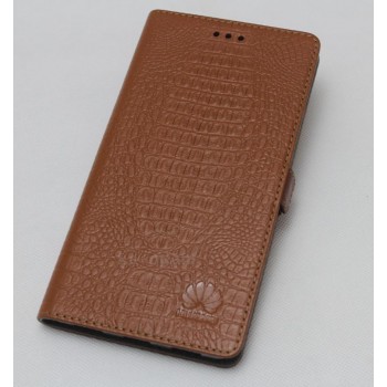 Кожаный чехол горизонтальная книжка подставка (премиум нат. кожа крокодила) с магнитной застежкой для Huawei Honor 6X  Бежевый