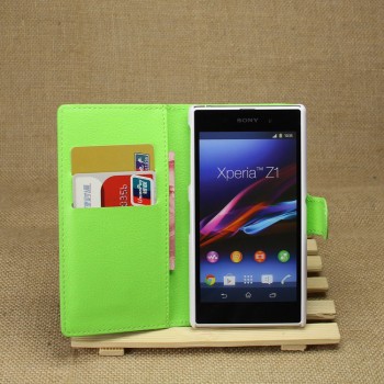 Чехол портмоне подставка для Sony Xperia Z1 с магнитной защелкой и отделениями для карт Зеленый