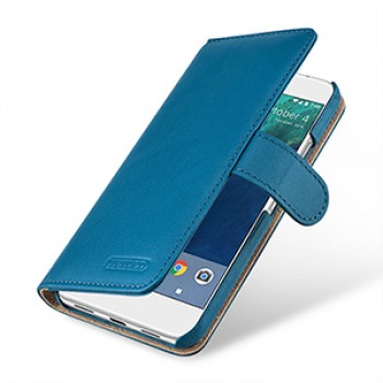 Кожаный чехол портмоне (премиум нат. кожа) с крепежной застежкой для Google Pixel XL  Синий