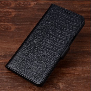 Кожаный чехол портмоне подставка (премиум нат. кожа крокодила) с крепежной застежкой для Samsung Galaxy A3 (2017) Черный