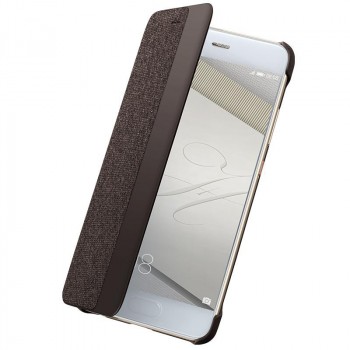Оригинальный винтажный кожаный чехол горизонтальная книжка на пластиковой основе с тканевым покрытием и окном вызова для Huawei P10  Коричневый