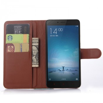Чехол портмоне подставка на пластиковой основе с отсеком для карт на магнитной защелке для Xiaomi RedMi Note 2 Коричневый