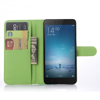 Чехол портмоне подставка на пластиковой основе с отсеком для карт на магнитной защелке для Xiaomi RedMi Note 2 Зеленый