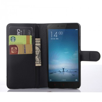 Чехол портмоне подставка на пластиковой основе с отсеком для карт на магнитной защелке для Xiaomi RedMi Note 2 Черный