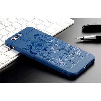 Силиконовый матовый непрозрачный чехол с текстурным покрытием Дракон для Huawei P10 Plus  Синий