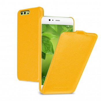 Кожаный чехол вертикальная книжка (премиум нат. кожа) для Huawei P10  Желтый