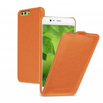 Кожаный чехол вертикальная книжка (премиум нат. кожа) для Huawei P10  Оранжевый