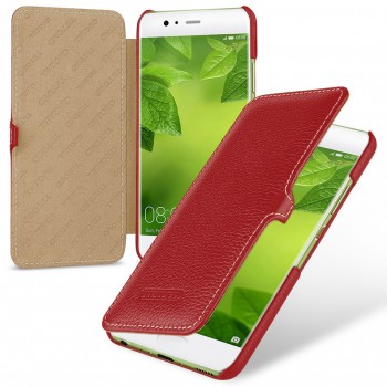 Кожаный чехол горизонтальная книжка (премиум нат. кожа) с крепежной застежкой для Huawei P10 Plus  Красный