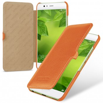 Кожаный чехол горизонтальная книжка (премиум нат. кожа) с крепежной застежкой для Huawei P10 Plus  Оранжевый