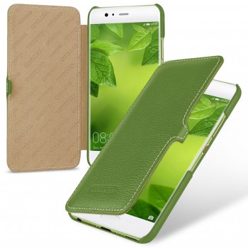 Кожаный чехол горизонтальная книжка (премиум нат. кожа) с крепежной застежкой для Huawei P10 Plus  Зеленый