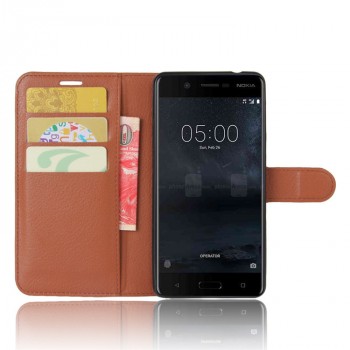 Чехол портмоне подставка для Nokia 5 с магнитной защелкой и отделениями для карт Коричневый