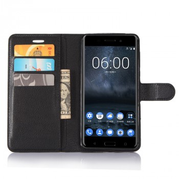 Чехол портмоне подставка для Nokia 6 с магнитной защелкой и отделениями для карт Черный