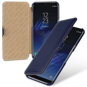 Кожаный чехол горизонтальная книжка (премиум нат. кожа) с крепежной застежкой для Samsung Galaxy S8 Синий