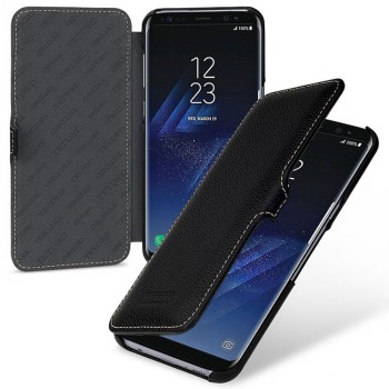 Кожаный чехол горизонтальная книжка (премиум нат. кожа) с крепежной застежкой для Samsung Galaxy S8 Черный