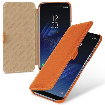 Кожаный чехол горизонтальная книжка (премиум нат. кожа) с крепежной застежкой для Samsung Galaxy S8 Plus  Оранжевый