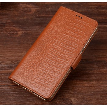 Кожаный чехол портмоне подставка (премиум нат. кожа крокодила) с крепежной застежкой для OnePlus 5  Бежевый