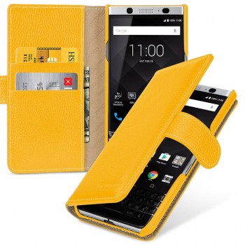 Кожаный чехол портмоне (премиум нат. кожа) с крепежной застежкой для BlackBerry KEYone  Желтый