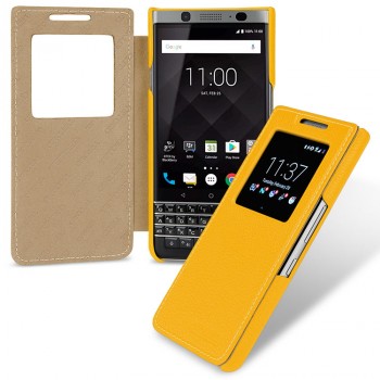 Кожаный чехол горизонтальная книжка (премиум нат. кожа) с окном вызова для BlackBerry KEYone  Желтый