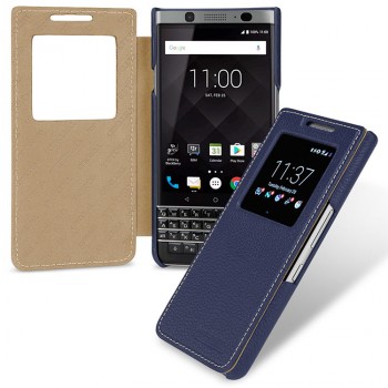 Кожаный чехол горизонтальная книжка (премиум нат. кожа) с окном вызова для BlackBerry KEYone  Синий