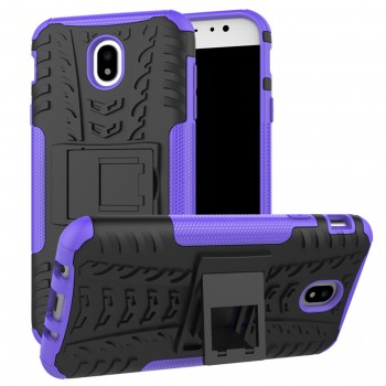 Противоударный двухкомпонентный силиконовый матовый непрозрачный чехол с поликарбонатными вставками экстрим защиты с встроенной ножкой-подставкой для Samsung Galaxy J7 (2017)  Фиолетовый