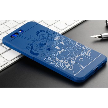 Силиконовый матовый непрозрачный чехол с нескользящим софт-тач покрытием и текстурным покрытием Дракон для Huawei Honor 9 Синий
