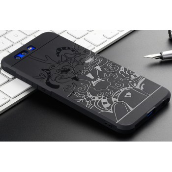 Силиконовый матовый непрозрачный чехол с нескользящим софт-тач покрытием и текстурным покрытием Дракон для Huawei Honor 9 Черный