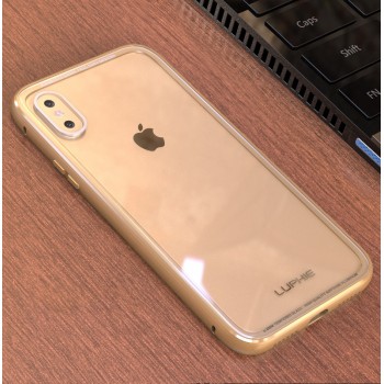 Двухкомпонентный чехол c металлическим бампером и накладкой из закаленного стекла для Iphone X 10/XS Бежевый