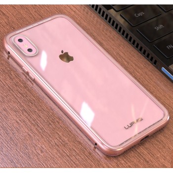 Двухкомпонентный чехол c металлическим бампером и накладкой из закаленного стекла для Iphone X 10/XS Розовый