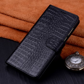 Кожаный чехол портмоне (премиум нат. кожа крокодила) с крепежной застежкой для Huawei Nova 2i Черный