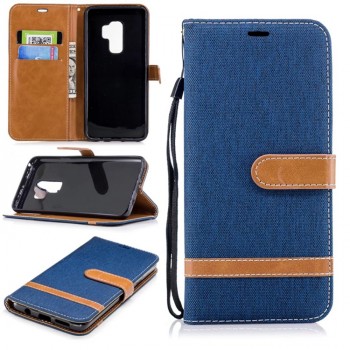 Чехол портмоне подставка на силиконовой основе с отсеком для карт и тканевым покрытием на магнитной защелке для Samsung Galaxy S9 Plus Синий